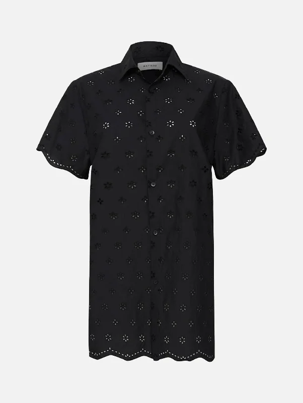 Broderie Mini Shirt Dress in Black