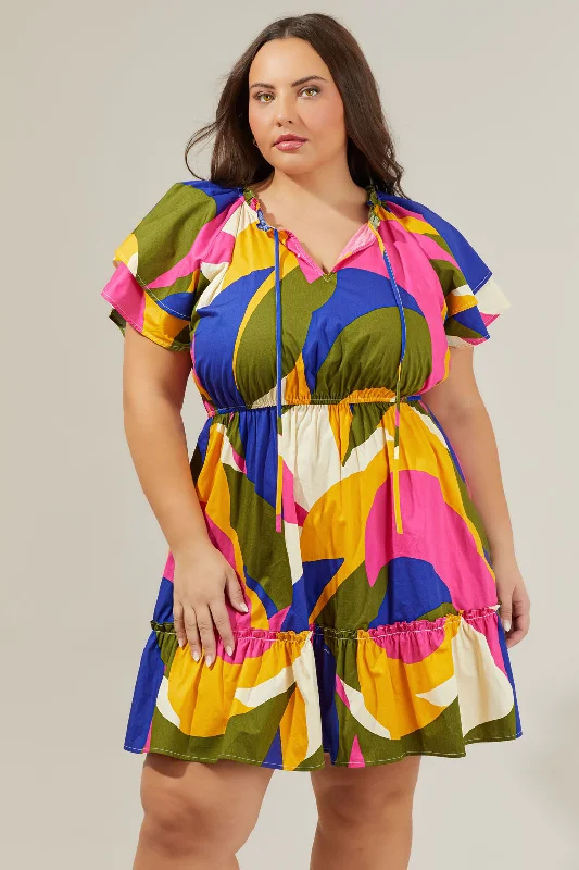 Rio Abstract Riley Poplin Short Sleeve Mini Dress Curve