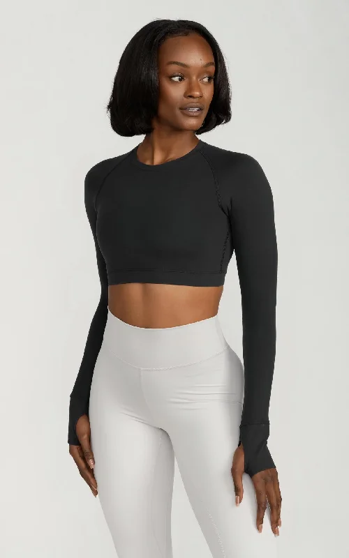 Long Sleeve Fitted Crop Top in Black