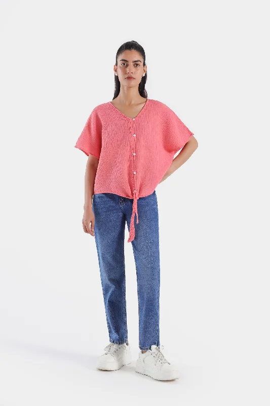 Super Cropped V-Neck Shirt With Knotted Hem