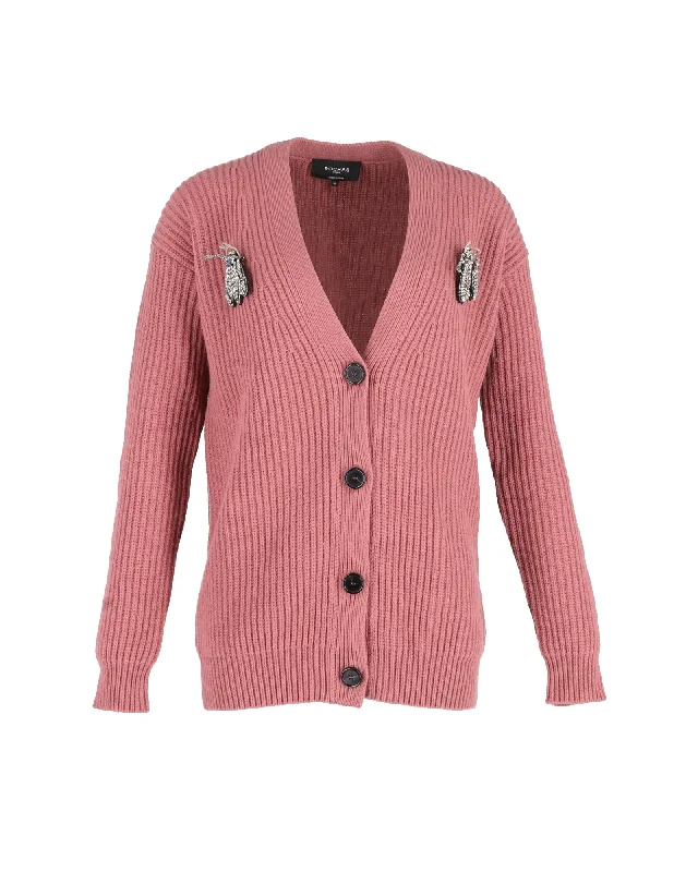 Rochas Bug Brooch Knitted Cardigan in Pink Cotton Wool