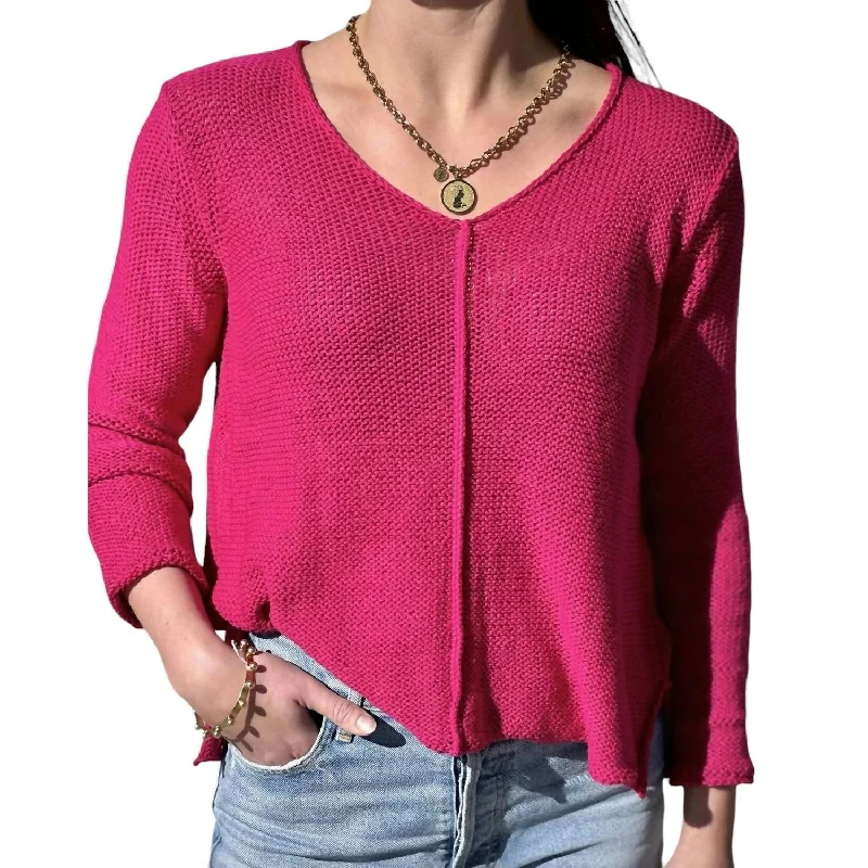 Sanibel V-Neck Cotton Sweater In Pink Sapphire