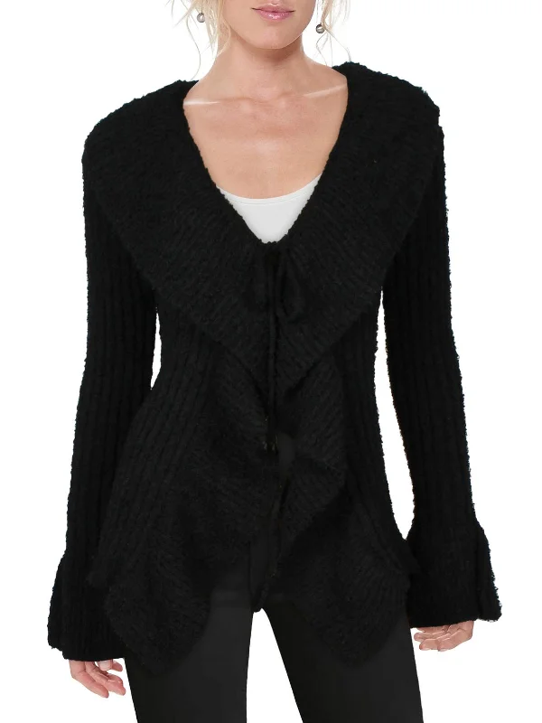 Womens Knit Ruffled Cardigan Sweater