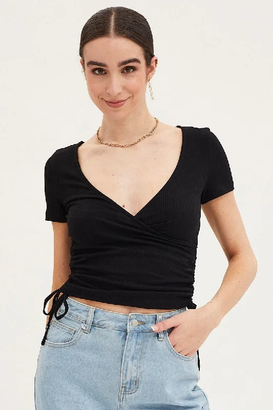 Black Top Drawstring Wrap Neck