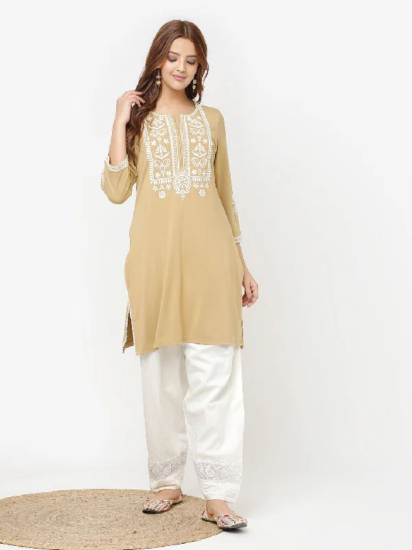 Golden Kurta for Women with Threadwork and Lace Detailing