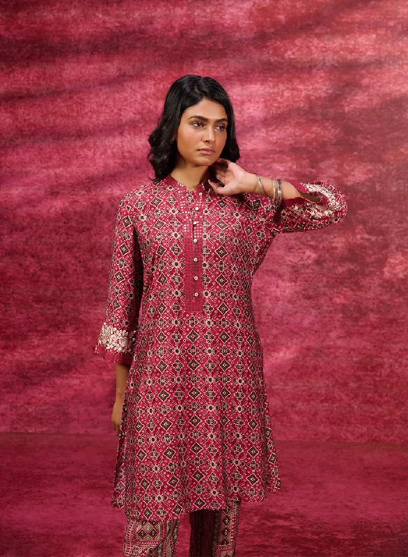 Mastani Cherry Red Printed Chanderi Tunic Set