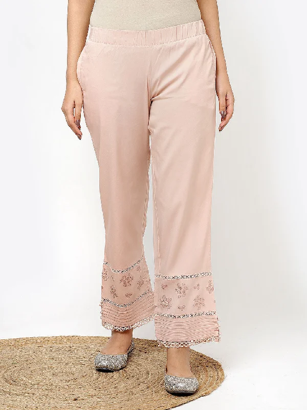 Ira Peach Embroidered Relaxed Fit Palazzo Pants for Women