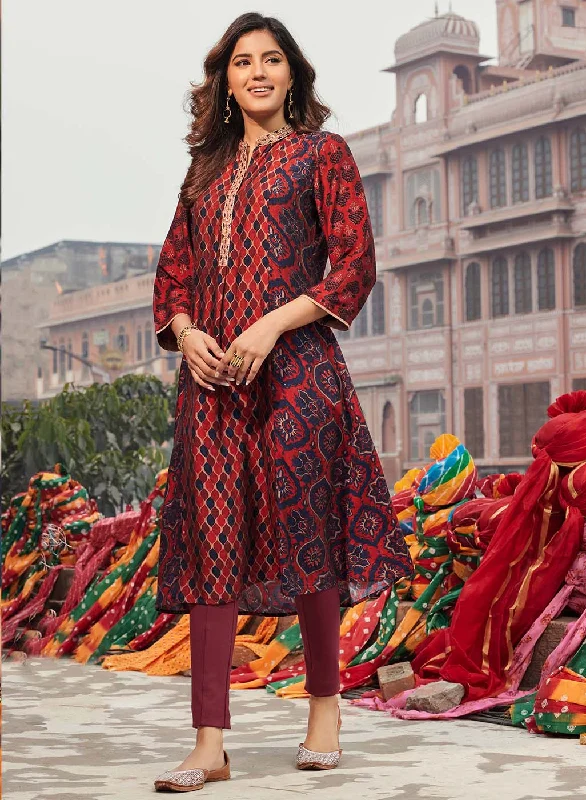 Taara Red Printed Viscose Silk Indo-Western Dress for Women