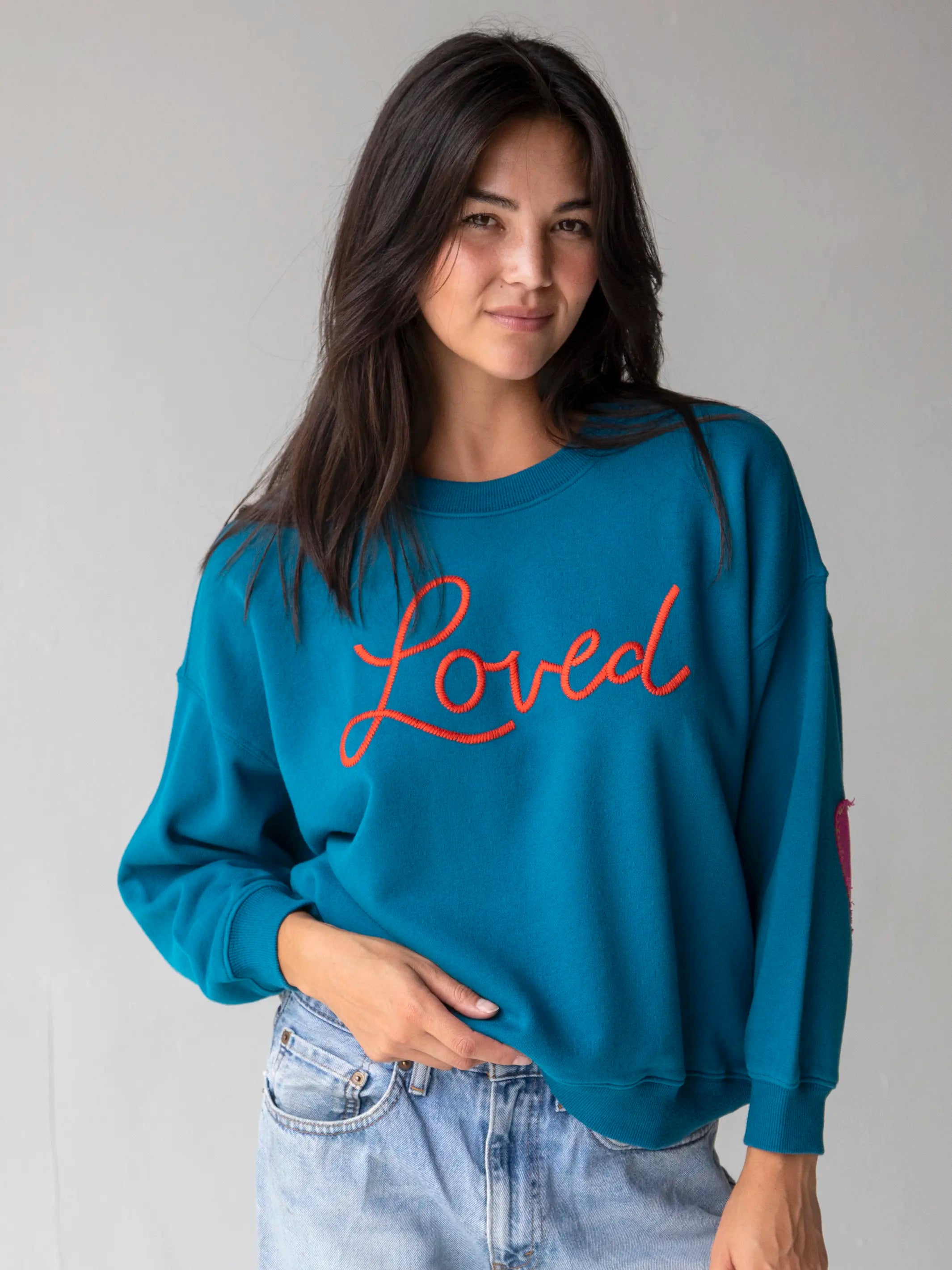 Heart On Your Sleeve Embroidered Sweatshirt - Teal Loved