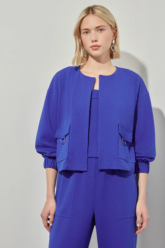 Plus Size Relaxed Fit Jacket - Drop Shoulder Deco Crepe, Sapphire Sea