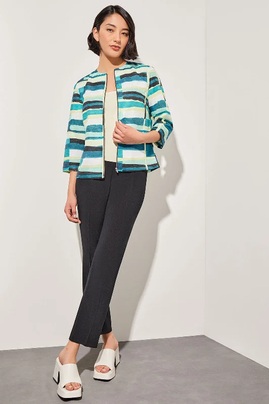 Plus Size Zip-Front Jacket - Collarless Abstract Woven