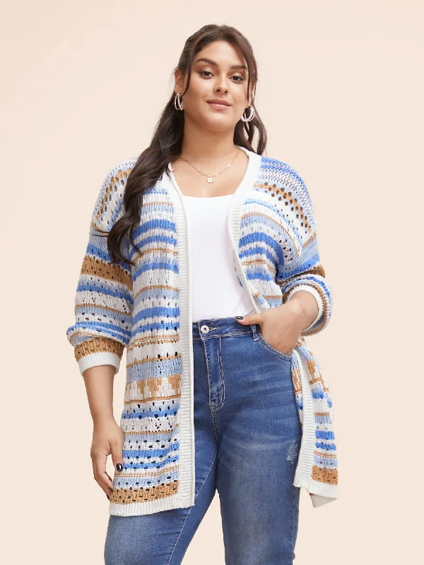 Cotton Contrast Striped Cut Out Cardigan