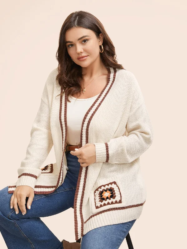 Crochet Floral Patch Pocket Drop Shoulder Cardigan