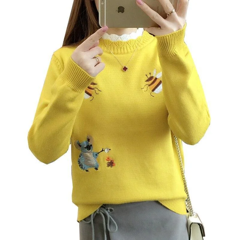 Embroidered Crewneck Women Sweater