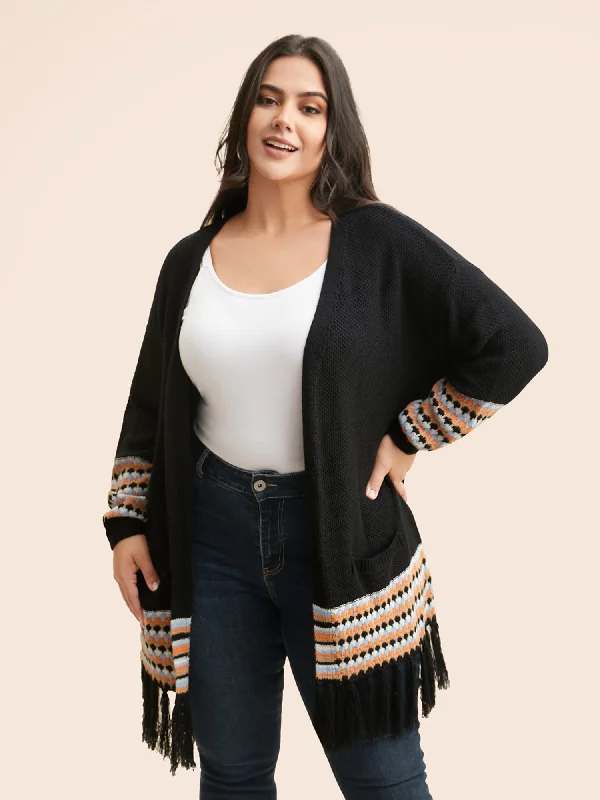 Geometric Tassel Trim Lantern Sleeve Cardigan