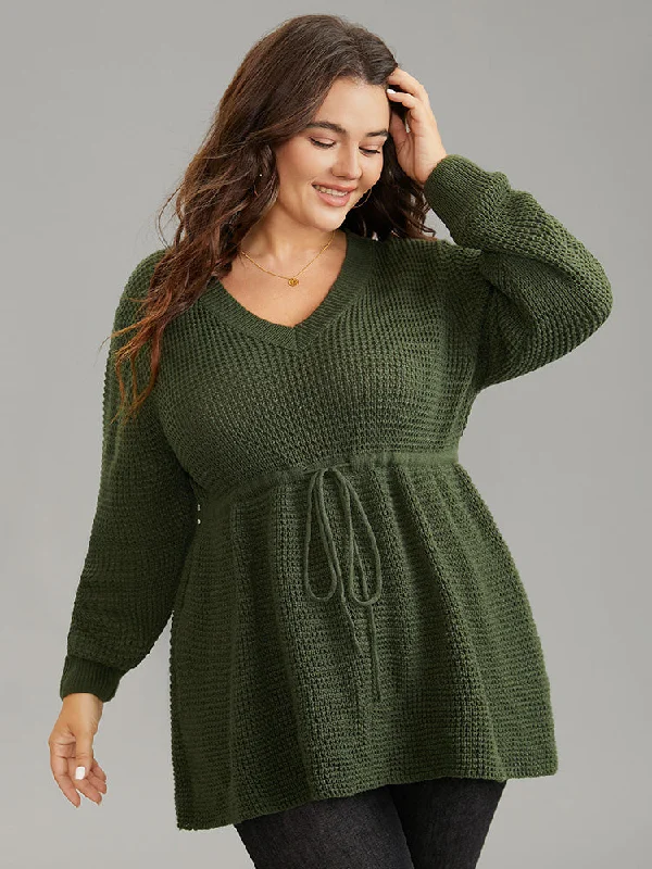 Solid Drawstring Curved Hem Knit Pullover