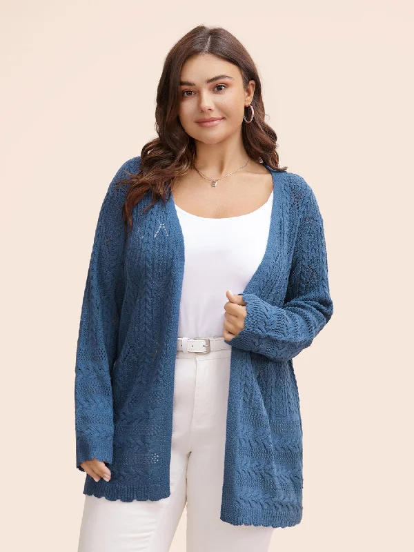 Solid Scalloped Trim Cable Knit Cardigan