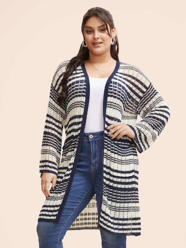 Striped Contrast Pocket Textured Cardigan