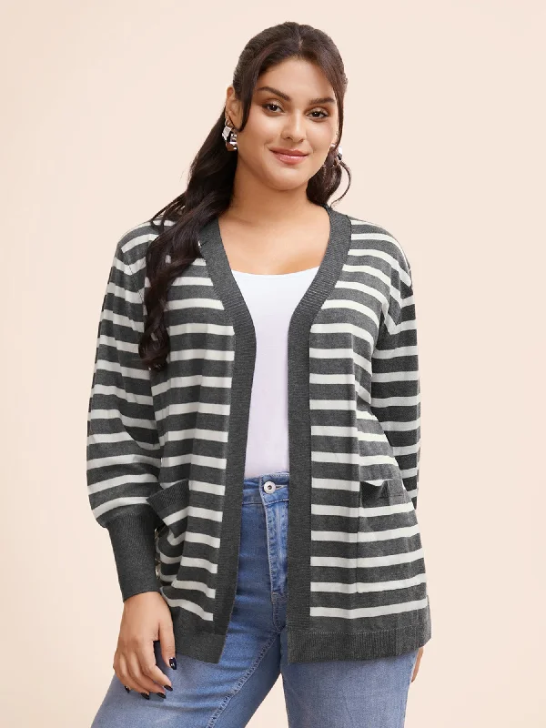 Striped Lantern Sleeve Patched Pocket Cardigan